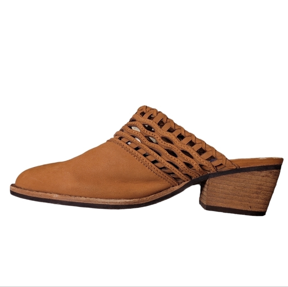 Women’s Tan Woven Leather Mule - Slip-On Block Heel